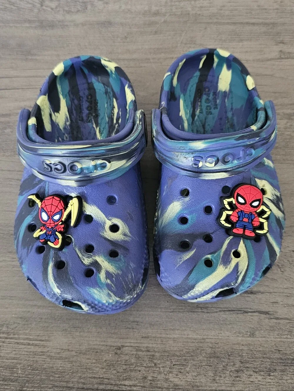 Crocs Kids Blue Teal Marble Clogs Spiderman Charm Toddler Boy 7
